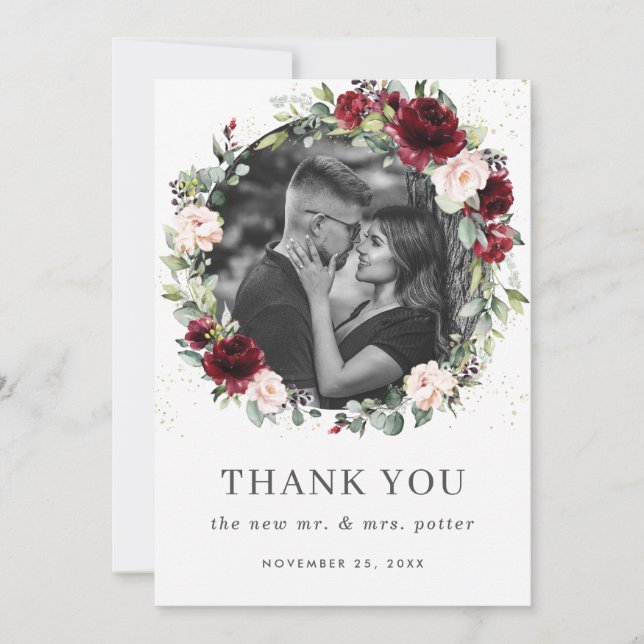 Rustic Burgundy Blush Pink Floral Wedding Photo Thank You Card (Front)