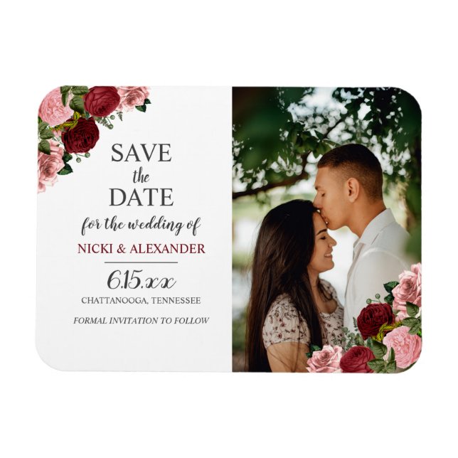 Rustic Burgundy Blush Pink Floral Wedding Save Dat Magnet (Horizontal)