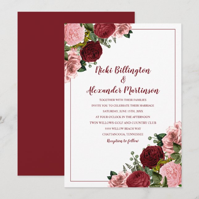 Rustic Burgundy Blush Pink Floral Wedding White Invitation (Front/Back)