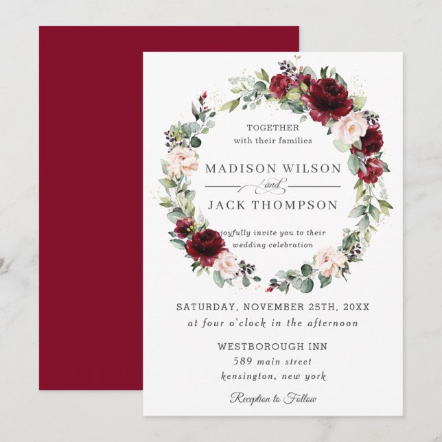 Rustic Burgundy Blush Pink Floral Wreath Wedding Invitation (Front/Back)