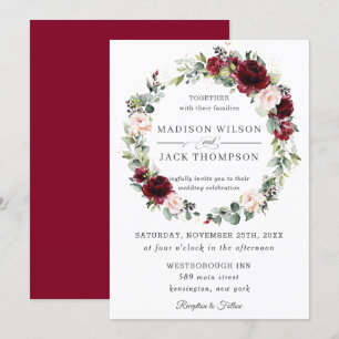 Rustic Burgundy Blush Pink Floral Wreath Wedding Invitation