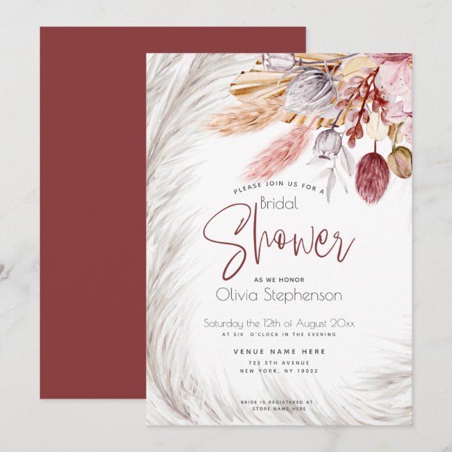 Rustic Burgundy Blush Pink Ivory Pampas Grass  Invitation (Front/Back)