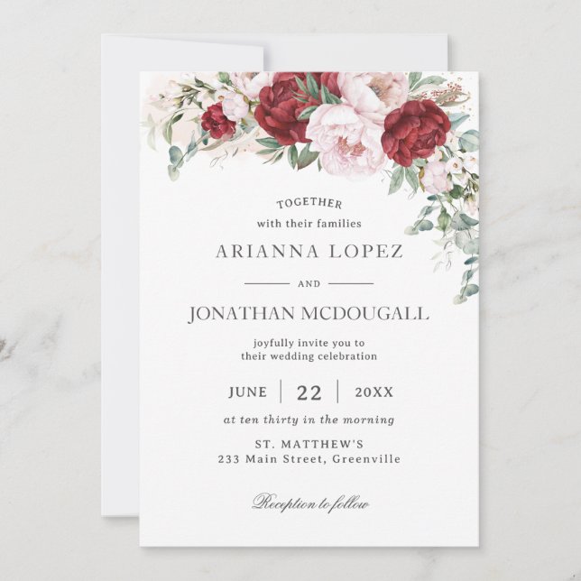 Rustic Burgundy Blush Pink Peonies Floral Wedding Invitation (Front)