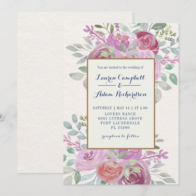 Rustic Burgundy & Blush Pink Rose Watercolor Invitation (Front/Back)