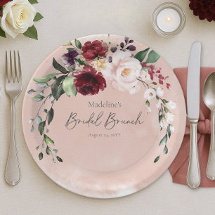 Rustic Burgundy & Blush Pink Roses Bridal Brunch Paper Plate