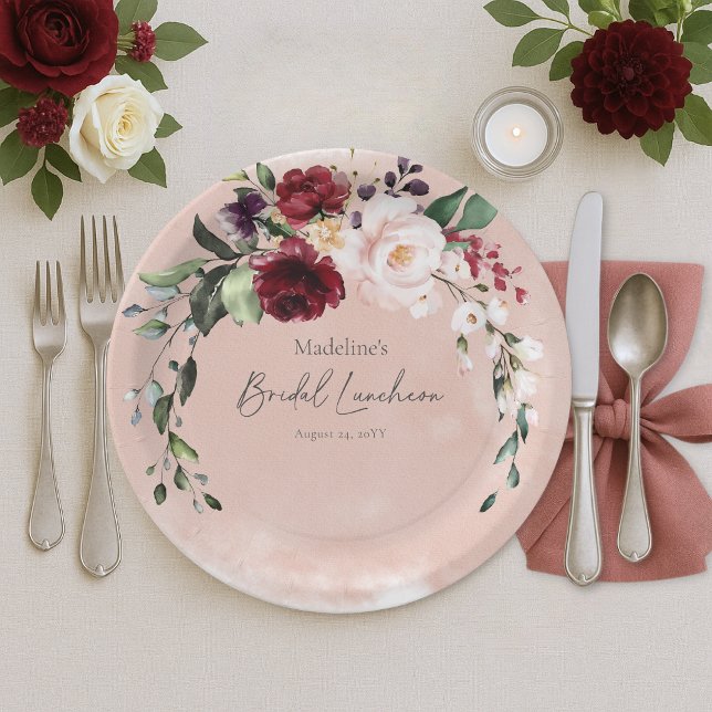 Rustic Burgundy & Blush Pink Roses Bridal Luncheon Paper Plate (Rustic Burgundy & Blush Pink Roses Bridal Luncheon Paper Plates)