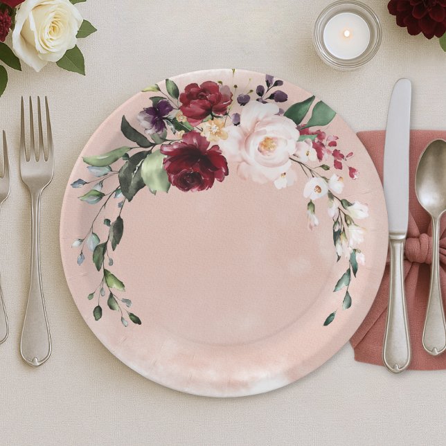 Rustic Burgundy & Blush Pink Roses Bridal Luncheon Paper Plate (Rustic Burgundy Pink Roses Bridal Shower Paper Plate)