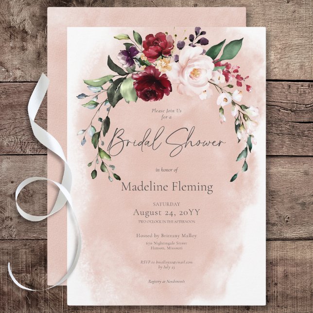 Rustic Burgundy & Blush Pink Roses Bridal Shower Invitation (Rustic Burgundy & Blush Pink Roses Bridal Shower Invitation)