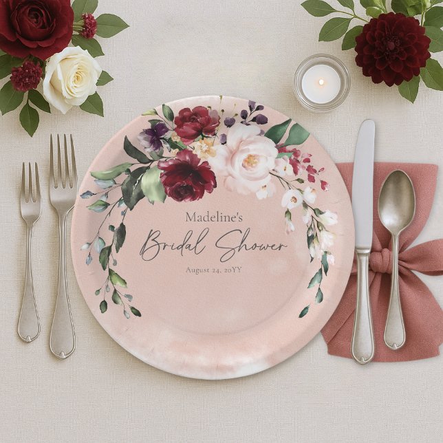 Rustic Burgundy & Blush Pink Roses Bridal Shower Paper Plate (Rustic Burgundy & Blush Pink Roses Bridal Shower Paper Plates)