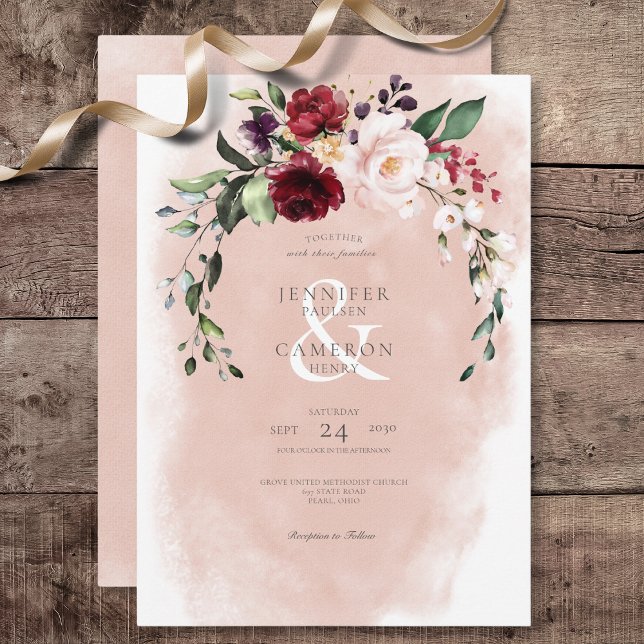 Rustic Burgundy & Blush Pink Roses Wedding Invitation (Rustic Burgundy & Blush Pink Roses Wedding Invitation)