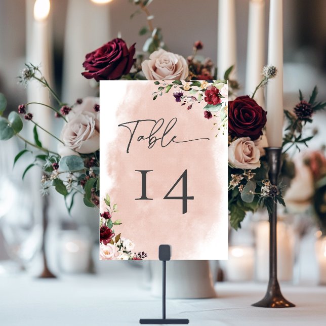Rustic Burgundy & Blush Pink Roses Wedding Table Number (Rustic Burgundy & Blush Pink Roses Wedding Table Number Card)