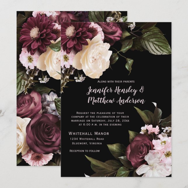 Rustic Burgundy, Blush Pink, White Floral Wedding Invitation (Front/Back)