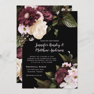 Rustic Burgundy, Blush Pink, White Floral Wedding Invitation