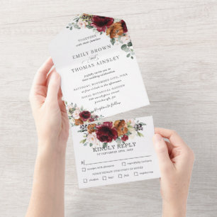 Rustic Burgundy Blush Rust Ivory Floral Wedding    All In One Invitation