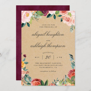 Rustic Burgundy Blush Watercolor Floral Wedding Invitation