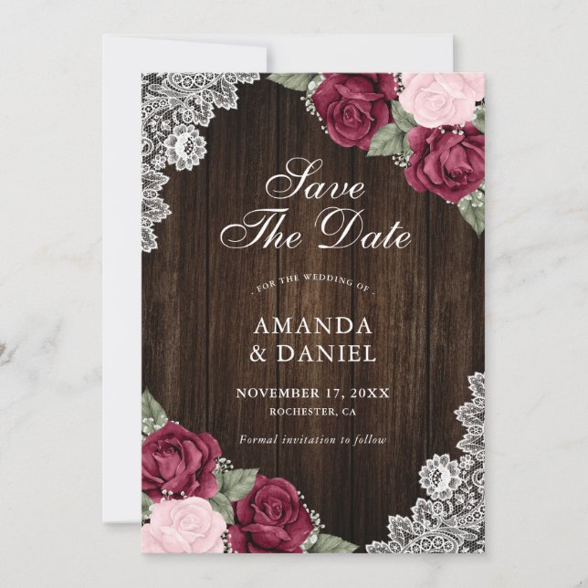 Rustic Burgundy Blush Wood Floral Wedding Photo Save The Date (Front)