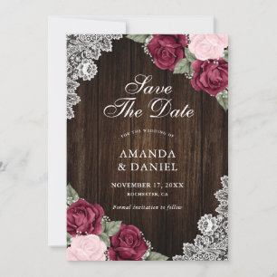Rustic Burgundy Blush Wood Floral Wedding Photo Save The Date