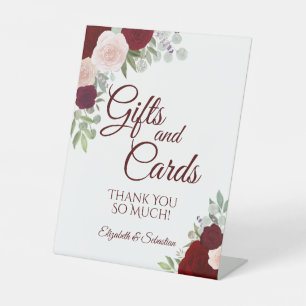 Rustic Burgundy Boho Floral Gifts & Cards Wedding Pedestal Sign