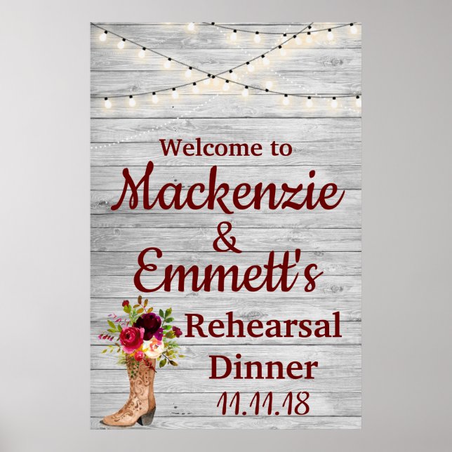 Rustic Burgundy Boho Rehearsal Dinner Welcome Sign (Front)