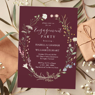Rustic Burgundy Boho Wildflower Engagement Party Invitation