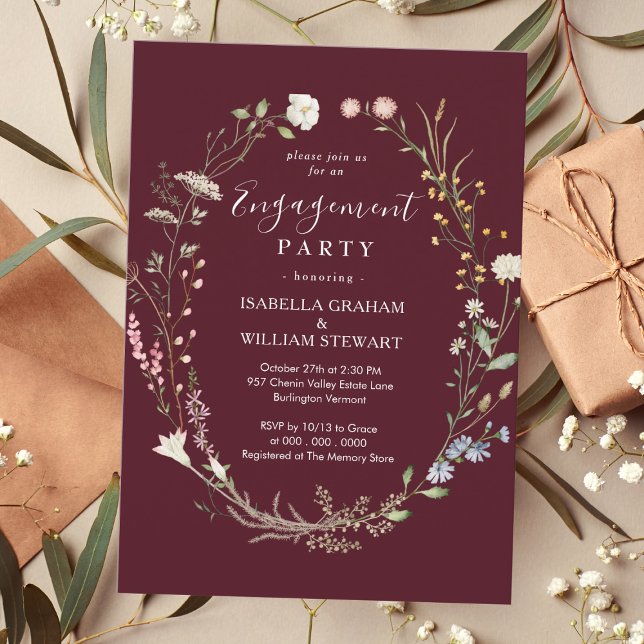 Rustic Burgundy Boho Wildflower Engagement Party Invitation (Creator Uploaded)