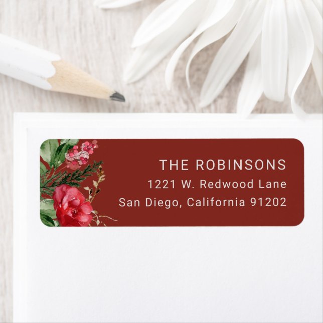 Rustic Burgundy Botanical Christmas Return Address (Insitu)