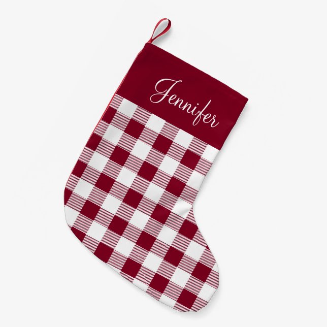 Rustic Burgundy Buffalo Plaid Name Small Christmas Stocking (Front (Hanging))