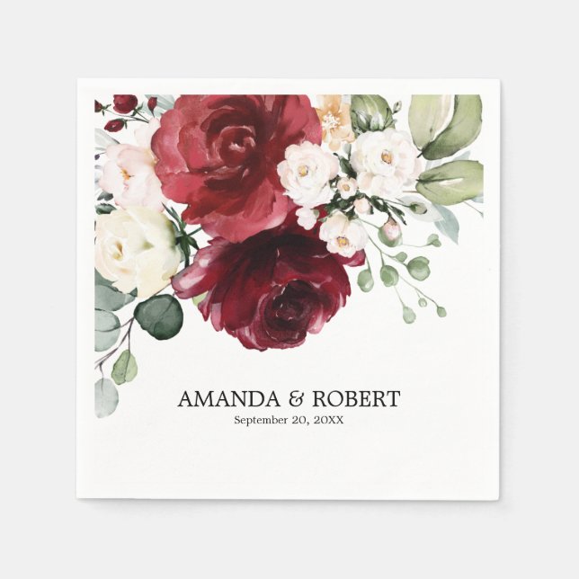 Rustic Burgundy Burgundy Floral Wedding Napkin (Front)