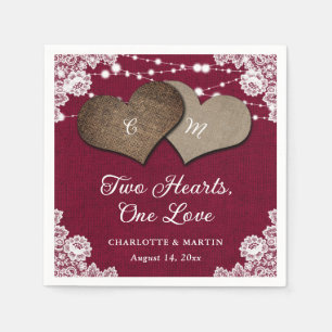 Rustic Burgundy Burlap Lace String Lights Wedding Napkin