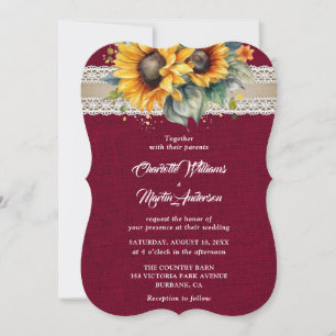 Rustic Burgundy Burlap Lace Sunflower Wedding Invitation