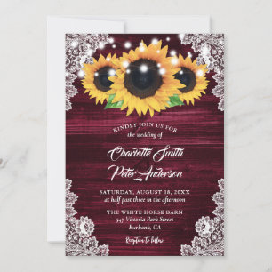 Rustic Burgundy Burlap Lace Sunflower Wedding Invitation