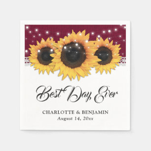 Rustic Burgundy Burlap Lace Sunflower Wedding Napkin