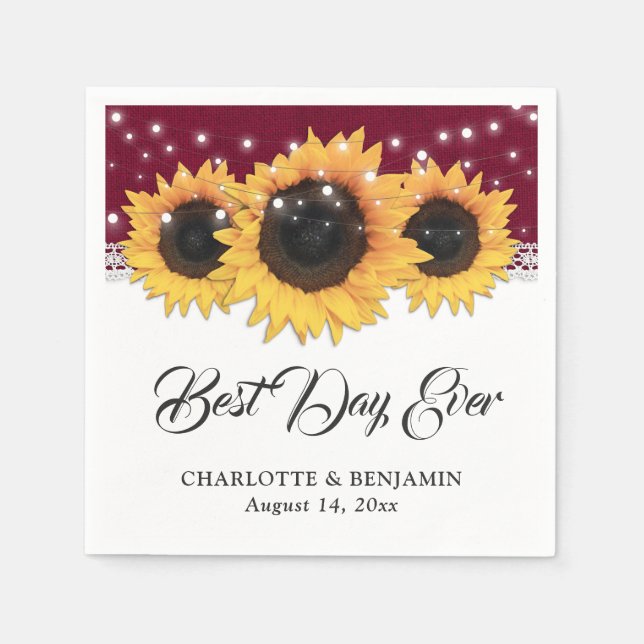 Rustic Burgundy Burlap Lace Sunflower Wedding Napkin (Front)