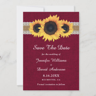 Rustic Burgundy Burlap Lace Sunflower Wedding Save The Date