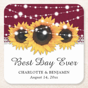 Rustic Burgundy Burlap Lace Sunflower Wedding Square Paper Coaster