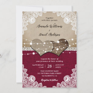 Rustic Burgundy Burlap Lace Wedding Invitation