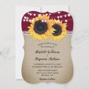 Rustic Burgundy Burlap Sunflower Wedding Invitation