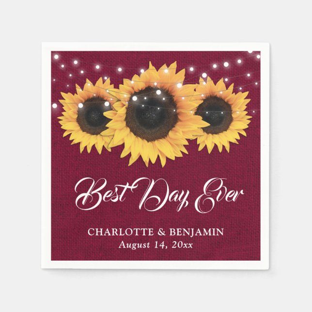 Rustic Burgundy Burlap Sunflower Wedding Napkin (Front)