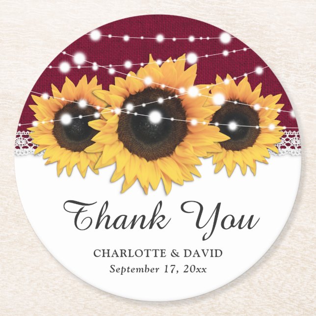 Rustic Burgundy Burlap Sunflower Wedding Round Paper Coaster (Front)