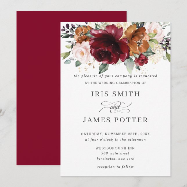 Rustic Burgundy Burnt Orange Blush Floral Wedding Invitation (Front/Back)