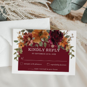 Rustic Burgundy Burnt Orange Floral Arch Wedding RSVP Card