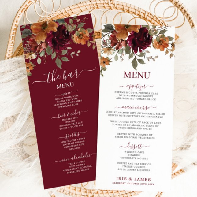 Rustic Burgundy Burnt Orange Floral Wedding Menu (Creator Uploaded)