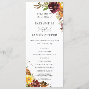 Rustic Burgundy Burnt Orange Floral Wedding Programme