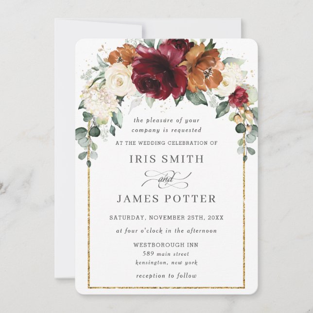 Rustic Burgundy Burnt Orange Ivory Floral Wedding  Invitation (Front)