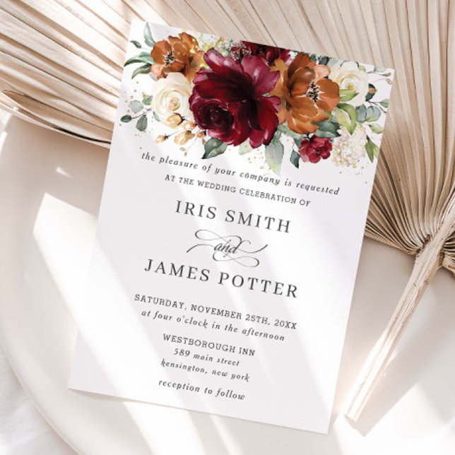 Rustic Burgundy Burnt Orange Ivory Floral Wedding Invitation (Creator Uploaded)