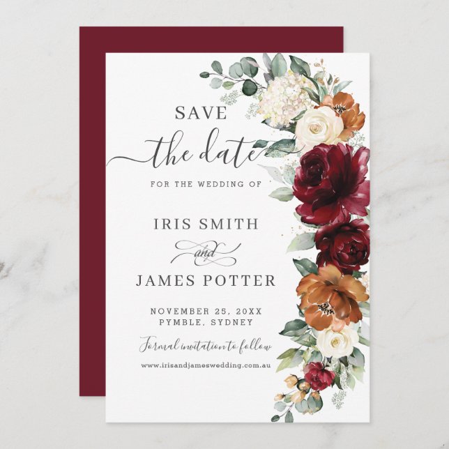 Rustic Burgundy Burnt Orange Ivory Floral Wedding  Save The Date (Front/Back)
