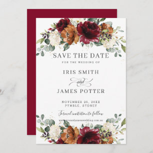 Rustic Burgundy Burnt Orange Ivory Floral Wedding Save The Date