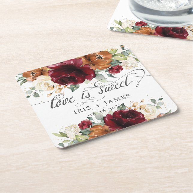 Rustic Burgundy Burnt Orange Ivory Floral Wedding Square Paper Coaster (Angled)