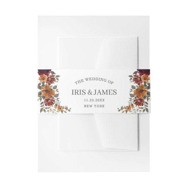 Rustic Burgundy Burnt Orange Rust Floral Wedding Invitation Belly Band (Front Example)
