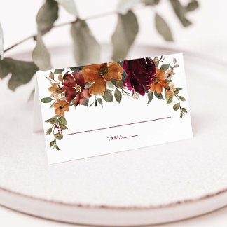 Rustic Burgundy Burnt Orange Rust Floral Wedding Place Card